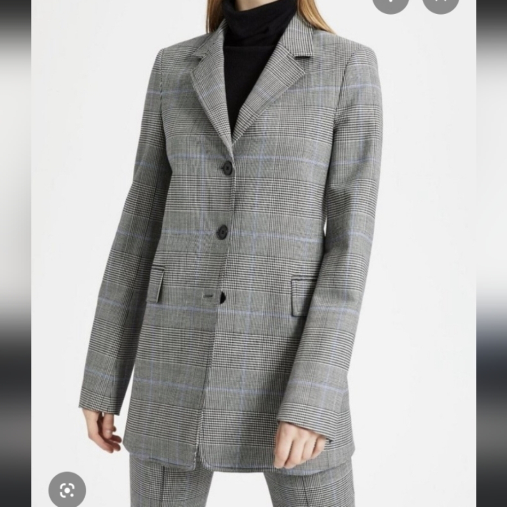 Theory Cardinal Long Wool Blazer Windowpane Plaid